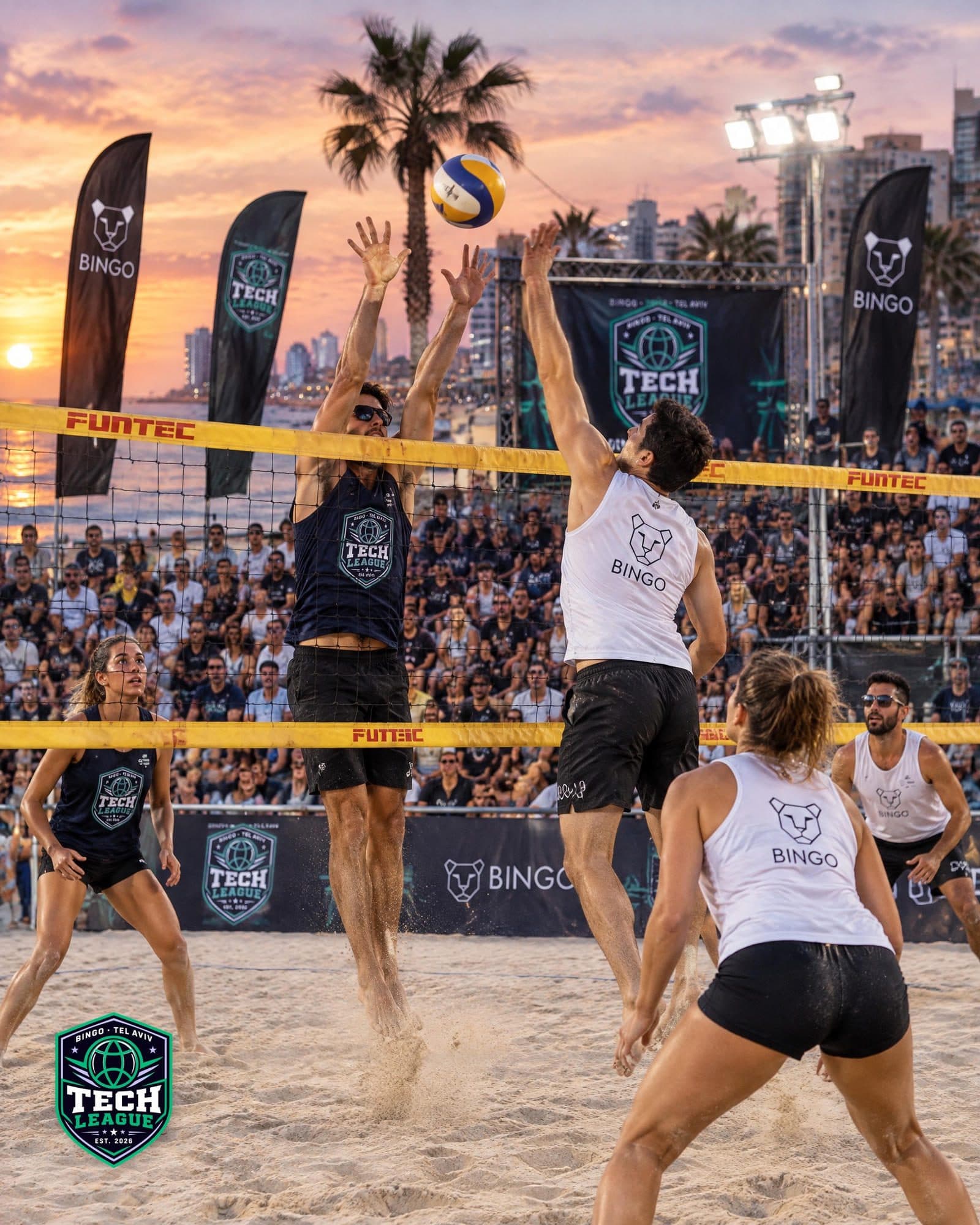 Concept image: a beach volleyball match at sunset in Tel Aviv, in front of a crowd and TechLeague flags
