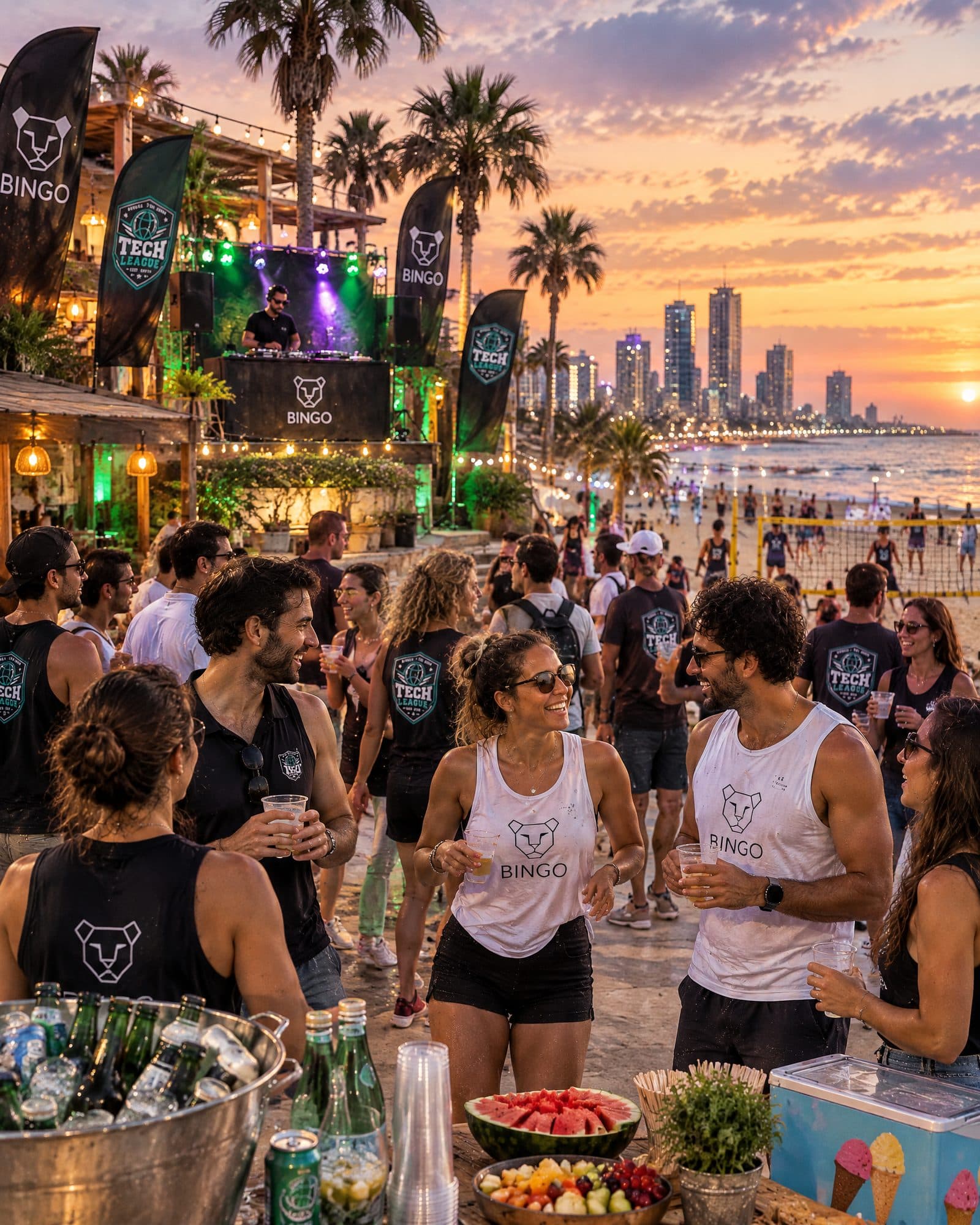 Concept image: the after-play party on the beach in Tel Aviv, with a DJ and the skyline at sunset